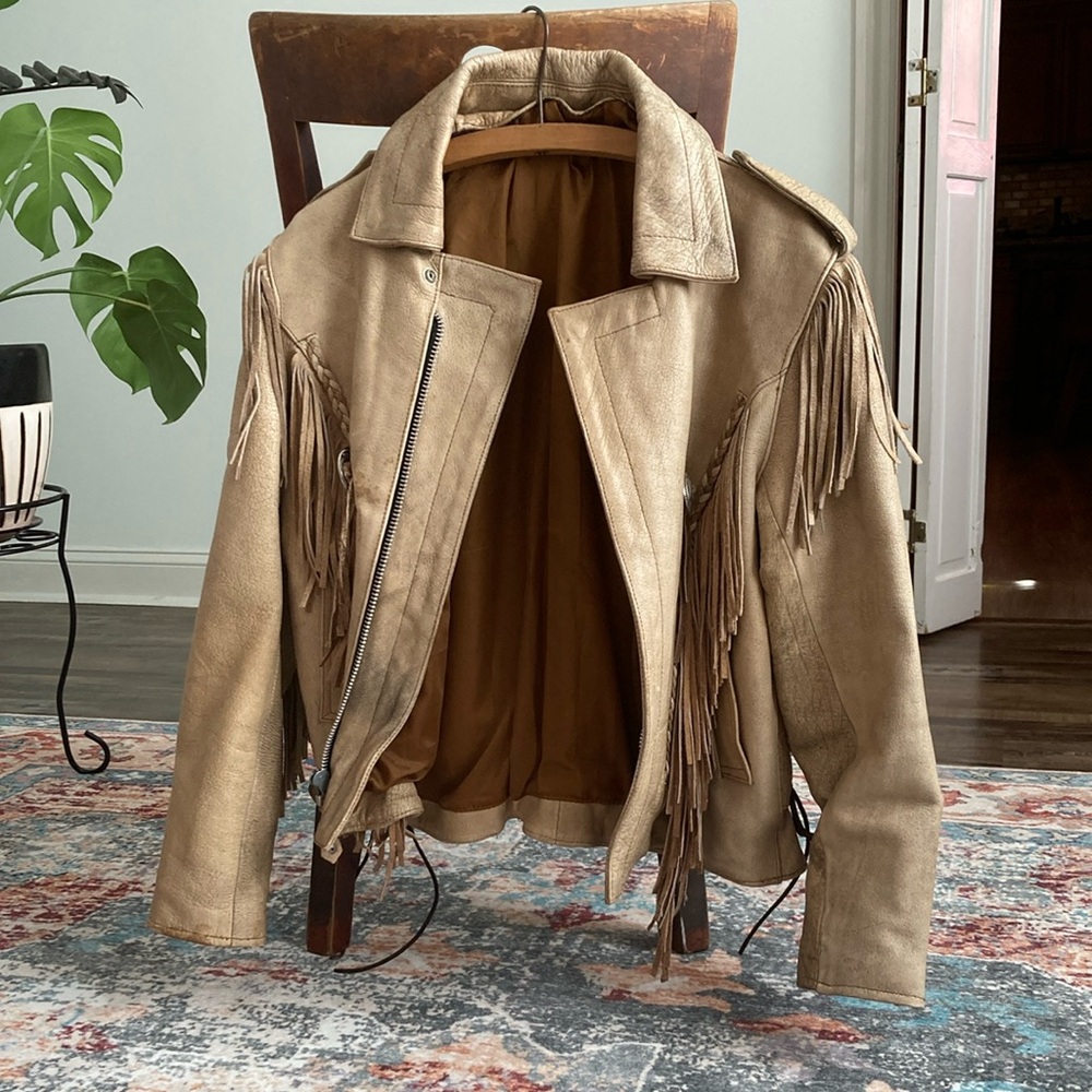 Vintage Heavy Fringe Leather Jacket Tan